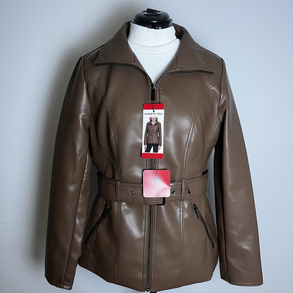 Kenneth Cole New York Women's Faux Leather Belted Jacket Brown M NWT Zip Moto